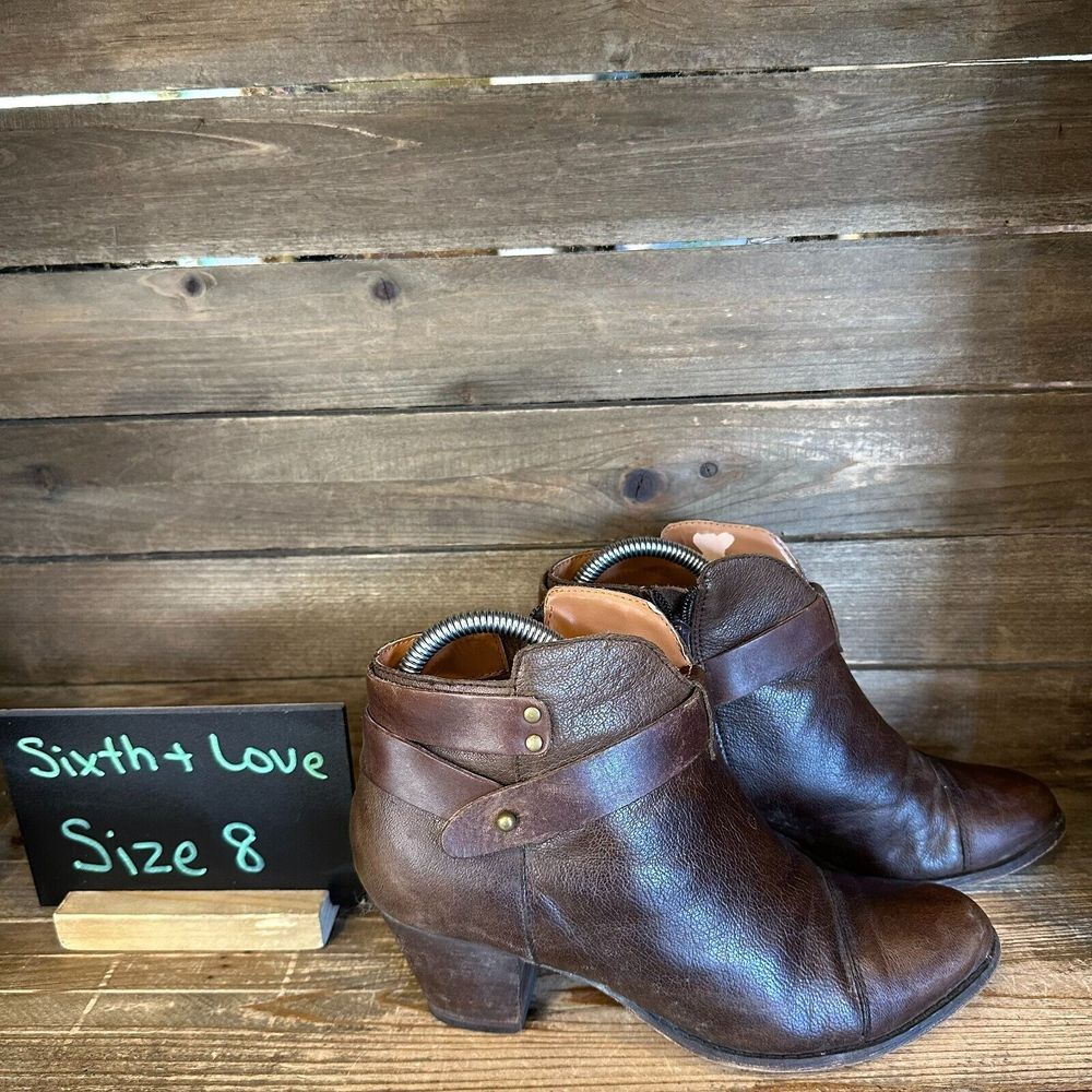 Womens Sixth & Love Brown Leather Strappy Heeled Wester Ankle Boots Size 8 M GUC